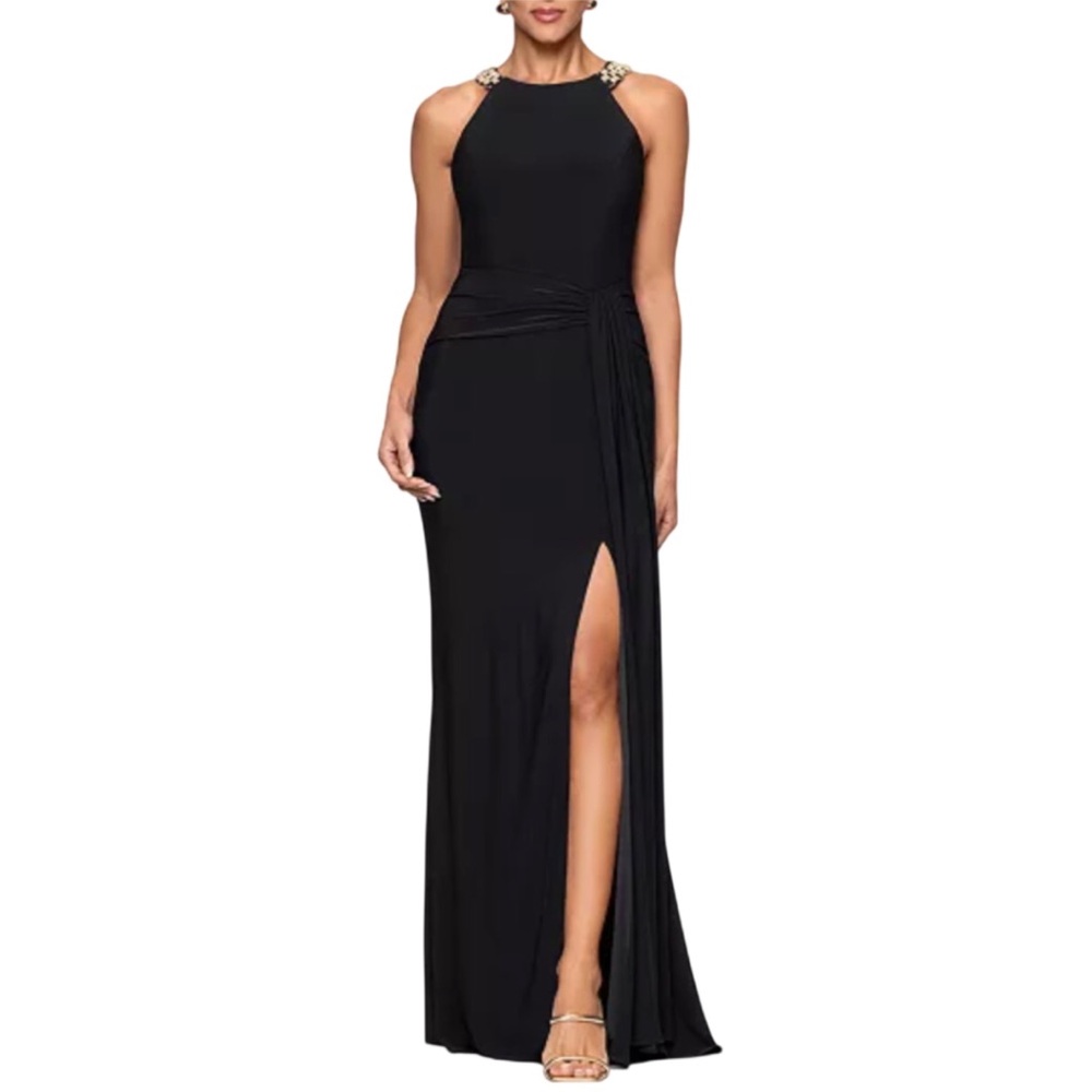 XSCAPE Halter Neck Gown Gold Metal Chain Straps Black Knit Sleeveless Size 4